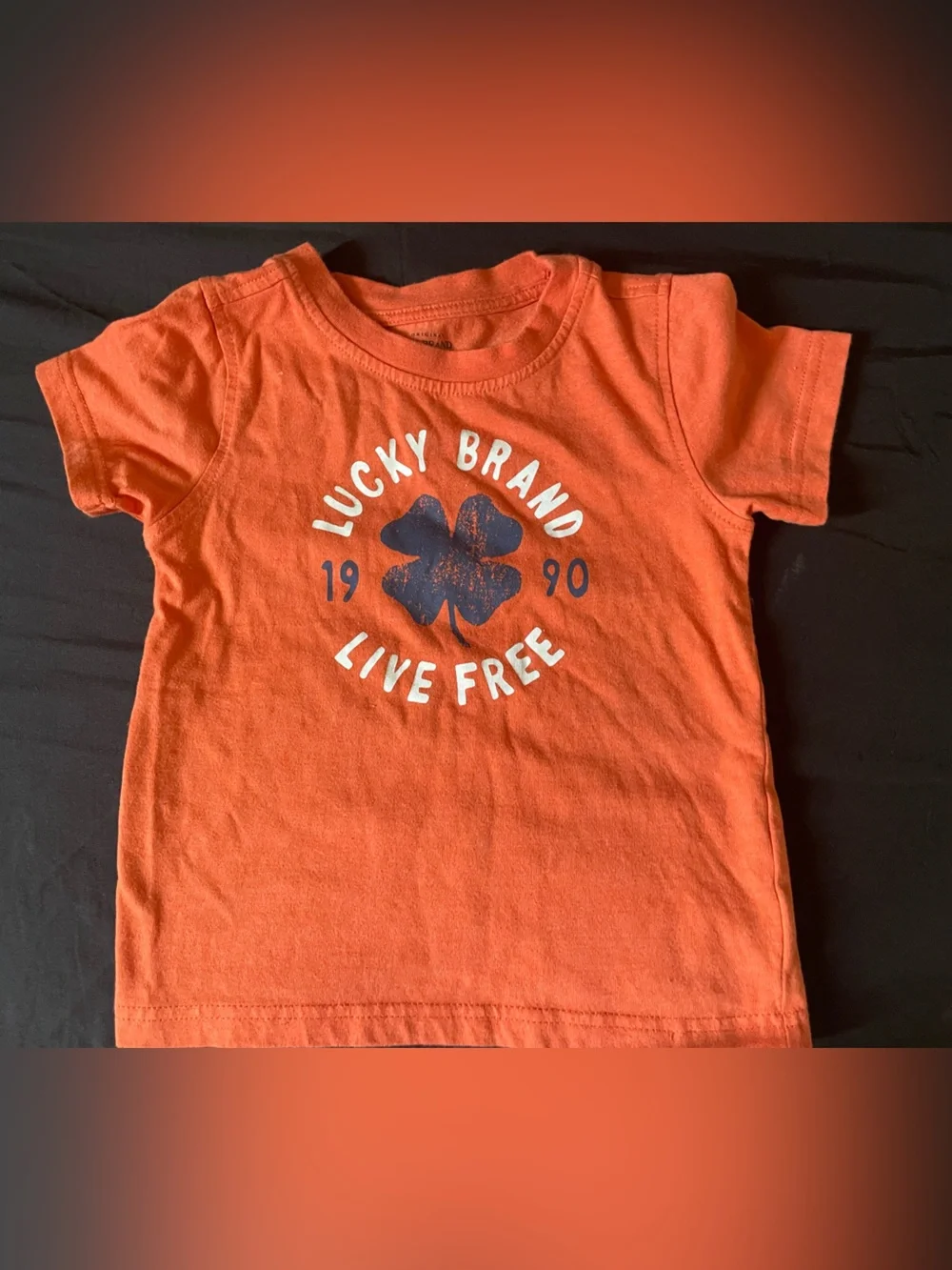 Lucky Brand Orange Kids Tee with Navy Clover Graphic